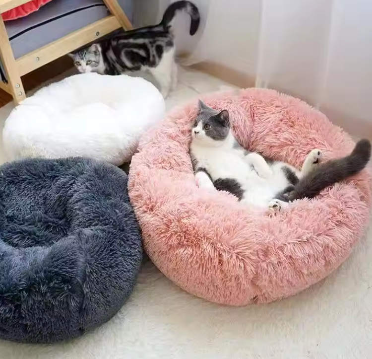 soft luxury plush pink grey white pet cushion round cat dog bed