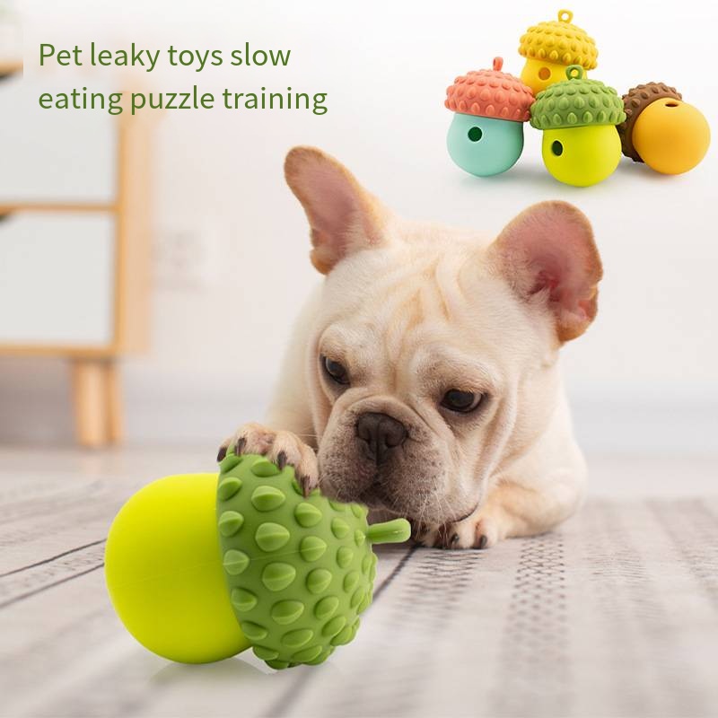 The dog chew on the bite-resistant teeth-grinder and the slow-food silicone pet toy